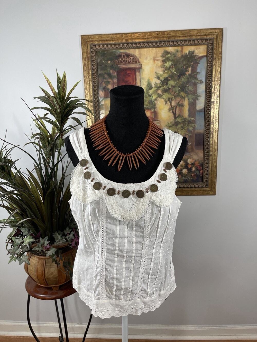 Edward Womens Large White Eyelet Lace Swiss‎ Dot Embellished Boho Tank Top